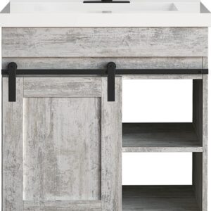Dakota Sliding Barn Door 30 inches W x 21 inches D Barnwood Bathroom Vanity Cabinet This space saving Sliding Door Bathroom Cabinet features a shaker style design, interior storage and open shelf storage. The Barnwood finish is both unique and familiar; It's scumbled appearance presents the look of a painted wood surface, aged with decades of wear. It's the perfect look for your Rustic style. Cabinet Color  Assorted Hardware Finish  Black Cabinet Material  Engineered Wood Installation Type  Freestanding Number of Drawers  No Drawers Assembly Details  Fully Assembled Compatible Top Dimensions  31"x22" Toekick Style  Open Dimensions  34.00 in H x 30.00 in W x 21-5/8 in D Weight  74.0 lbs ATTN:Vanity top and faucet sold separately Shaker door design with finished interior and open shelving Single barn door vanity base with toe kick Sliding barn door hardware Open shelf storage Comfortable 34" height Perfect for smaller bathrooms ATTN:Vanity top and faucet sold separately