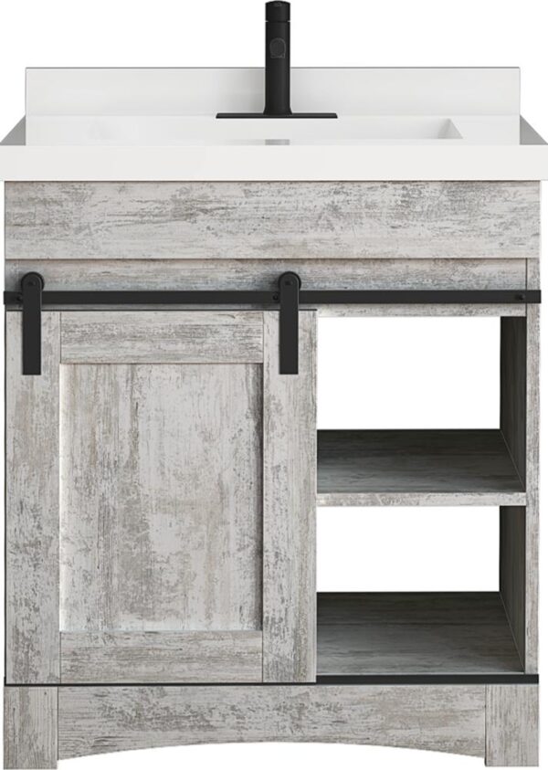 Dakota Sliding Barn Door 30 inches W x 21 inches D Barnwood Bathroom Vanity Cabinet This space saving Sliding Door Bathroom Cabinet features a shaker style design, interior storage and open shelf storage. The Barnwood finish is both unique and familiar; It's scumbled appearance presents the look of a painted wood surface, aged with decades of wear. It's the perfect look for your Rustic style. Cabinet Color  Assorted Hardware Finish  Black Cabinet Material  Engineered Wood Installation Type  Freestanding Number of Drawers  No Drawers Assembly Details  Fully Assembled Compatible Top Dimensions  31"x22" Toekick Style  Open Dimensions  34.00 in H x 30.00 in W x 21-5/8 in D Weight  74.0 lbs ATTN:Vanity top and faucet sold separately Shaker door design with finished interior and open shelving Single barn door vanity base with toe kick Sliding barn door hardware Open shelf storage Comfortable 34" height Perfect for smaller bathrooms ATTN:Vanity top and faucet sold separately