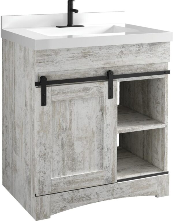 Dakota Sliding Barn Door 30 inches W x 21 inches D Barnwood Bathroom Vanity Cabinet This space saving Sliding Door Bathroom Cabinet features a shaker style design, interior storage and open shelf storage. The Barnwood finish is both unique and familiar; It's scumbled appearance presents the look of a painted wood surface, aged with decades of wear. It's the perfect look for your Rustic style. Cabinet Color Assorted Hardware Finish Black Cabinet Material Engineered Wood Installation Type Freestanding Number of Drawers No Drawers Assembly Details Fully Assembled Compatible Top Dimensions 31"x22" Toekick Style Open Dimensions 34.00 in H x 30.00 in W x 21-5/8 in D Weight 74.0 lbs ATTN:Vanity top and faucet sold separately Shaker door design with finished interior and open shelving Single barn door vanity base with toe kick Sliding barn door hardware Open shelf storage Comfortable 34" height Perfect for smaller bathrooms ATTN:Vanity top and faucet sold separately