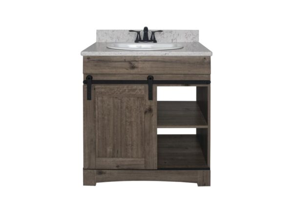 Dakota Sliding Barn Door 30 inches W x 21 inches D Barnwood Bathroom Vanity Cabinet This space saving Sliding Door Bathroom Cabinet features a shaker style design, interior storage and open shelf storage. The Barnwood finish is both unique and familiar; It's scumbled appearance presents the look of a painted wood surface, aged with decades of wear. It's the perfect look for your Rustic style. Cabinet Color Assorted Hardware Finish Black Cabinet Material Engineered Wood Installation Type Freestanding Number of Drawers No Drawers Assembly Details Fully Assembled Compatible Top Dimensions 31"x22" Toekick Style Open Dimensions 34.00 in H x 30.00 in W x 21-5/8 in D Weight 74.0 lbs ATTN:Vanity top and faucet sold separately Shaker door design with finished interior and open shelving Single barn door vanity base with toe kick Sliding barn door hardware Open shelf storage Comfortable 34" height Perfect for smaller bathrooms ATTN:Vanity top and faucet sold separately