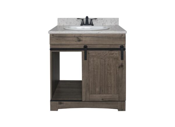 Dakota Sliding Barn Door 30 inches W x 21 inches D Barnwood Bathroom Vanity Cabinet This space saving Sliding Door Bathroom Cabinet features a shaker style design, interior storage and open shelf storage. The Barnwood finish is both unique and familiar; It's scumbled appearance presents the look of a painted wood surface, aged with decades of wear. It's the perfect look for your Rustic style. Cabinet Color Assorted Hardware Finish Black Cabinet Material Engineered Wood Installation Type Freestanding Number of Drawers No Drawers Assembly Details Fully Assembled Compatible Top Dimensions 31"x22" Toekick Style Open Dimensions 34.00 in H x 30.00 in W x 21-5/8 in D Weight 74.0 lbs ATTN:Vanity top and faucet sold separately Shaker door design with finished interior and open shelving Single barn door vanity base with toe kick Sliding barn door hardware Open shelf storage Comfortable 34" height Perfect for smaller bathrooms ATTN:Vanity top and faucet sold separately