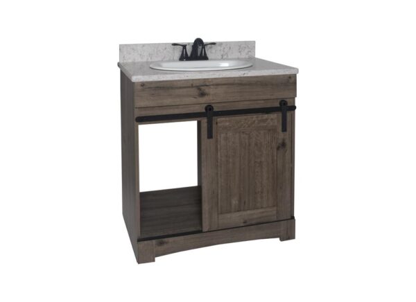 Dakota Sliding Barn Door 30 inches W x 21 inches D Barnwood Bathroom Vanity Cabinet This space saving Sliding Door Bathroom Cabinet features a shaker style design, interior storage and open shelf storage. The Barnwood finish is both unique and familiar; It's scumbled appearance presents the look of a painted wood surface, aged with decades of wear. It's the perfect look for your Rustic style. Cabinet Color Assorted Hardware Finish Black Cabinet Material Engineered Wood Installation Type Freestanding Number of Drawers No Drawers Assembly Details Fully Assembled Compatible Top Dimensions 31"x22" Toekick Style Open Dimensions 34.00 in H x 30.00 in W x 21-5/8 in D Weight 74.0 lbs ATTN:Vanity top and faucet sold separately Shaker door design with finished interior and open shelving Single barn door vanity base with toe kick Sliding barn door hardware Open shelf storage Comfortable 34" height Perfect for smaller bathrooms ATTN:Vanity top and faucet sold separately