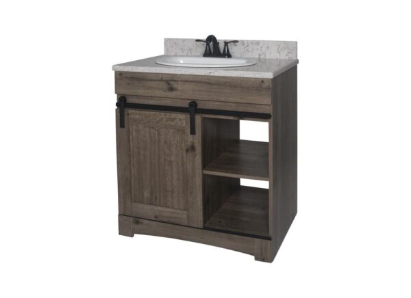 Dakota Sliding Barn Door 30 inches W x 21 inches D Barnwood Bathroom Vanity Cabinet This space saving Sliding Door Bathroom Cabinet features a shaker style design, interior storage and open shelf storage. The Barnwood finish is both unique and familiar; It's scumbled appearance presents the look of a painted wood surface, aged with decades of wear. It's the perfect look for your Rustic style. Cabinet Color Assorted Hardware Finish Black Cabinet Material Engineered Wood Installation Type Freestanding Number of Drawers No Drawers Assembly Details Fully Assembled Compatible Top Dimensions 31"x22" Toekick Style Open Dimensions 34.00 in H x 30.00 in W x 21-5/8 in D Weight 74.0 lbs ATTN:Vanity top and faucet sold separately Shaker door design with finished interior and open shelving Single barn door vanity base with toe kick Sliding barn door hardware Open shelf storage Comfortable 34" height Perfect for smaller bathrooms ATTN:Vanity top and faucet sold separately