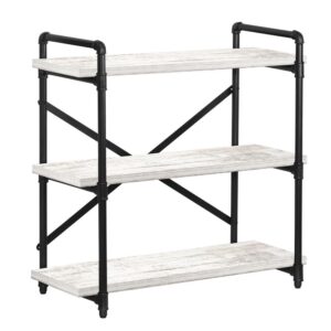 Dakota™ 3-Shelf Barnwood Pipe Bookshelf The Dakota™ pipe bookshelf features authentic pipe styling and a realistic pipe design to add an industrial chic look to any setting. Elbow pipe joints and rimmed fitting provide a guide to insert boards and a secure stop to hold shelves in place. The solid build/open design and sturdy pipe construction provides strength and an open framework for easy decorating access. X-support back bars criss cross to add stability and a design element to the unit. This bookshelf comes complete with three barnwood colored shelves. Includes Pipe Shelf Frame, Shelving Boards, Hardware, Assembly Instructions Maximum Weight Capacity  90 pounds Material  Cast Iron, Particleboard Number of Shelves  3 Dimensions(Assembled) : 35-1/2 in H * 36 in W * 16 in D Weight 43 pounds