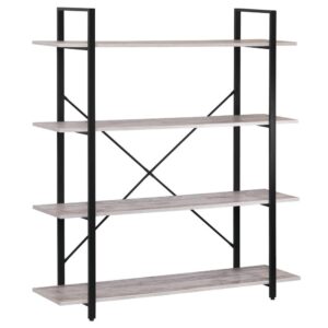 Dakota 4-Shelf Barnwood Designer Bookshelf The Dakota™ designer bookshelf features a modern designed clean metal framework which creates an industrial inspired display great for any decor. The solid build/open design with sturdy metal bar construction provides strength and an open framework for easy decorating access. Compact sizing and the airy spacing between shelves offers maximum display capacity in a small footprint. X-support back bars criss cross to add stability and a design element to the unit. This bookshelf comes complete with four barnwood colored shelves. Color/Finish  Barnwood Includes  Steel Frame, Shelving Boards, Hardware, Assembly Instructions Maximum Weight Capacity  90 pounds Material  Particleboard, Steel Dimensions (Assembled) : 54-3/4 in H * 48 in W * 13-1/8 in D Weight  56 pounds Rubbed patina frame with black textured finish X-support back bars criss cross to add stability and design element to unit 90 lb (evenly distributed) weight capacity Includes: steel shelf frame, 4 barnwood boards, wall securing brackets, hardware, and assembly instructions Easy to assemble