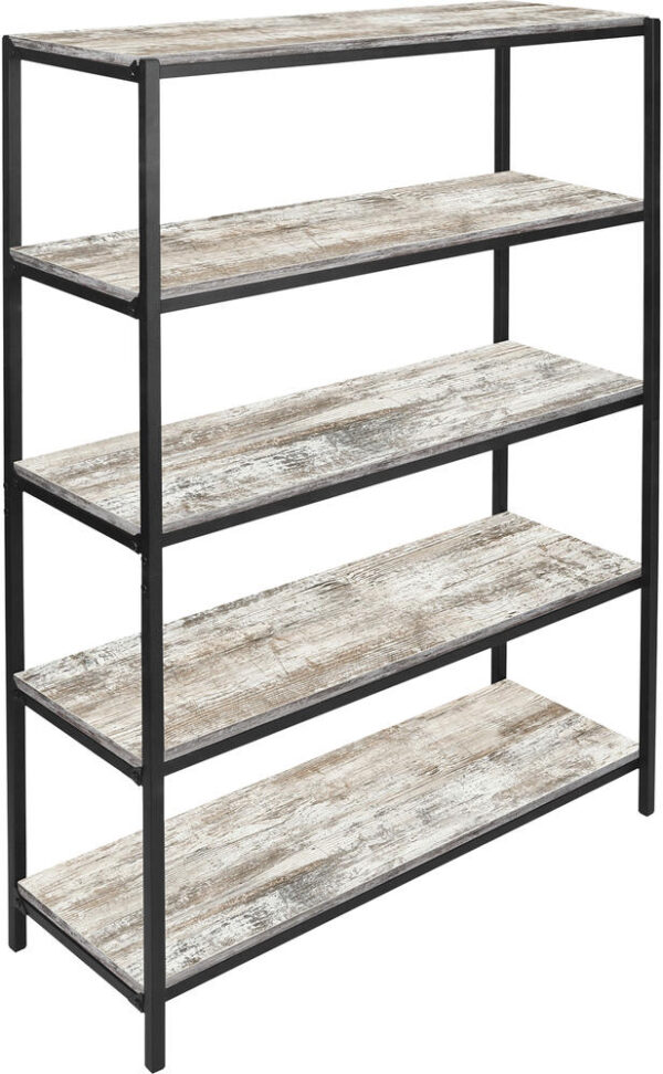 5-Shelf Barnwood Modern Bookshelf Dakota Combine style and functionality with this five-shelf Barnwood Modern Bookshelf. This bookcase features five barnwood boards that are suspended by a black steel powder-coated welded frame. It will seamlessly fit in any room and can be used to store anything from books to decorative items. Color/Finish Barnwood Includes Steel Frame, Shelving Boards, Hardware, Assembly Instructions Material  Particleboard, Steel Maximum Weight Capacity  90 pounds Number of Shelves  5 Dimensions (Assembled) : 56-3/4 in H * 36-1/8 in W * 13-1/2 in D Weight  76 pounds 5/8" square steel tubing construction Welded end frames Modern, textured black powder-coated frame Easy assembly Includes: shelf frame, shelving boards, hardware, and assembly instructions