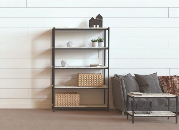 5-Shelf Barnwood Modern Bookshelf Dakota Combine style and functionality with this five-shelf Barnwood Modern Bookshelf. This bookcase features five barnwood boards that are suspended by a black steel powder-coated welded frame. It will seamlessly fit in any room and can be used to store anything from books to decorative items. Color/Finish Barnwood Includes Steel Frame, Shelving Boards, Hardware, Assembly Instructions Material Particleboard, Steel Maximum Weight Capacity 90 pounds Number of Shelves 5 Dimensions (Assembled) : 56-3/4 in H * 36-1/8 in W * 13-1/2 in D Weight 76 pounds 5/8" square steel tubing construction Welded end frames Modern, textured black powder-coated frame Easy assembly Includes: shelf frame, shelving boards, hardware, and assembly instructions