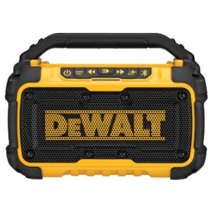 Dewalt 12V/20V MAX Jobsite Bluetooth® Speaker This Jobsite Bluetooth Speaker is jobsite tough and produces high-quality sound. Enhance your workday by streaming your favorite music or pod casts from your Bluetooth equipped mobile device from up to 100 ft. away. You can also plug devises directly in with the auxiliary input. Charge your phone through the day with an integrated USB charging port. Stand your mobile phone in the slot of the built-in carry handle, or underneath. Enjoy rich stereo sound with extended bass from dual 3-in sub woofers. Its rugged design includes a metal grille and impact-resistant housing. Power the jobsite Bluetooth speaker with DEWALT 12V MAX, 20V MAX, or FLEXVOLT batteries, all sold separately. Includes universal AC cord. 3-year limited warranty. Dual sub woofers for rich stereo sound Bluetooth connectivity - 100ft range Convenient carry handle with phone holder Play/pause, skip tracks, and control volume from speaker Bass reflex port enhances low-frequency performance