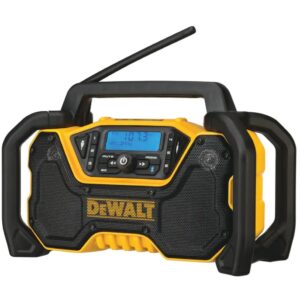 Dewalt 20-Volt MAX Compact Bluetooth Radio (Tool Only) The DEWALT DCR028B 12-Volt/20-Volt MAX Jobsite Bluetooth Radio provides premium sound in the toughest work environments. Its durable roll-cage design withstands drops and impacts, while innovative handle stores and protects radio antenna when not in use. Quad speakers kick out true stereo sound with deep bass. Stream music via Bluetooth from up to 100 ft. or connect through the built-in auxiliary port. AM/FM radio includes 6 customizable presets per band. A convenient USB port charges your mobile devices. DCR028B includes detachable AC power cord or power with DEWALT 12-Volt MAX, 20-Volt MAX or FLEXVOLT batteries (sold separately). Jobsite Bluetooth Radio includes 3-year limited warranty. Dual 3.5 in. woofers and 1 in. tweeters for stereo sound Heavy-duty roll cage with antenna slot for jobsite durability and protection Bluetooth connectivity up to 100 ft. away for music streaming AM/FM radio with 6 presets to customize to your favorite stations USB power port for device charging 3.5 mm auxiliary port to connect external devices Bass reflex port for enhanced low-frequency performance