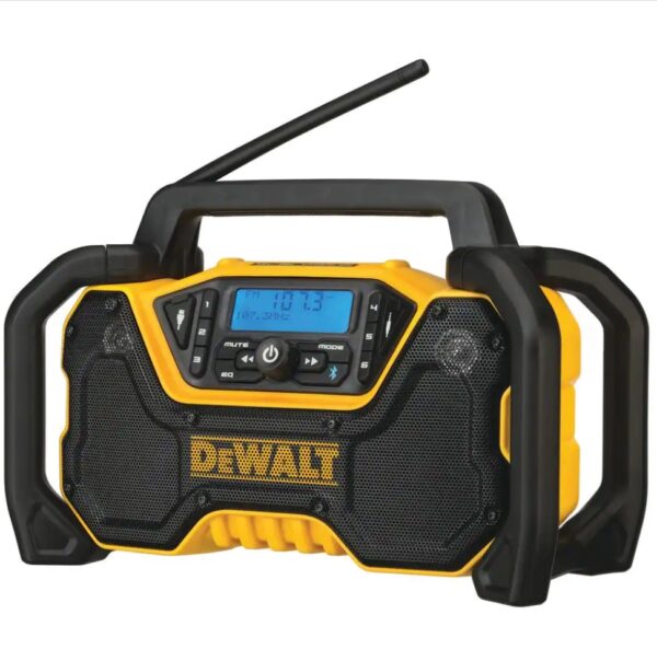 Dewalt 20-Volt MAX Compact Bluetooth Radio (Tool Only) The DEWALT DCR028B 12-Volt/20-Volt MAX Jobsite Bluetooth Radio provides premium sound in the toughest work environments. Its durable roll-cage design withstands drops and impacts, while innovative handle stores and protects radio antenna when not in use. Quad speakers kick out true stereo sound with deep bass. Stream music via Bluetooth from up to 100 ft. or connect through the built-in auxiliary port. AM/FM radio includes 6 customizable presets per band. A convenient USB port charges your mobile devices. DCR028B includes detachable AC power cord or power with DEWALT 12-Volt MAX, 20-Volt MAX or FLEXVOLT batteries (sold separately). Jobsite Bluetooth Radio includes 3-year limited warranty. Dual 3.5 in. woofers and 1 in. tweeters for stereo sound Heavy-duty roll cage with antenna slot for jobsite durability and protection Bluetooth connectivity up to 100 ft. away for music streaming AM/FM radio with 6 presets to customize to your favorite stations USB power port for device charging 3.5 mm auxiliary port to connect external devices Bass reflex port for enhanced low-frequency performance