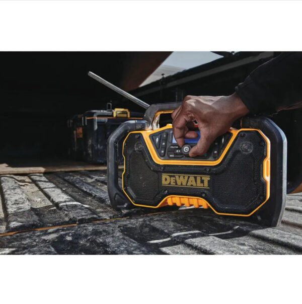 Dewalt 20-Volt MAX Compact Bluetooth Radio (Tool Only) The DEWALT DCR028B 12-Volt/20-Volt MAX Jobsite Bluetooth Radio provides premium sound in the toughest work environments. Its durable roll-cage design withstands drops and impacts, while innovative handle stores and protects radio antenna when not in use. Quad speakers kick out true stereo sound with deep bass. Stream music via Bluetooth from up to 100 ft. or connect through the built-in auxiliary port. AM/FM radio includes 6 customizable presets per band. A convenient USB port charges your mobile devices. DCR028B includes detachable AC power cord or power with DEWALT 12-Volt MAX, 20-Volt MAX or FLEXVOLT batteries (sold separately). Jobsite Bluetooth Radio includes 3-year limited warranty. Dual 3.5 in. woofers and 1 in. tweeters for stereo sound Heavy-duty roll cage with antenna slot for jobsite durability and protection Bluetooth connectivity up to 100 ft. away for music streaming AM/FM radio with 6 presets to customize to your favorite stations USB power port for device charging 3.5 mm auxiliary port to connect external devices Bass reflex port for enhanced low-frequency performance