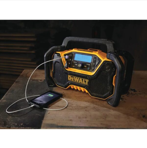 Dewalt 20-Volt MAX Compact Bluetooth Radio (Tool Only) The DEWALT DCR028B 12-Volt/20-Volt MAX Jobsite Bluetooth Radio provides premium sound in the toughest work environments. Its durable roll-cage design withstands drops and impacts, while innovative handle stores and protects radio antenna when not in use. Quad speakers kick out true stereo sound with deep bass. Stream music via Bluetooth from up to 100 ft. or connect through the built-in auxiliary port. AM/FM radio includes 6 customizable presets per band. A convenient USB port charges your mobile devices. DCR028B includes detachable AC power cord or power with DEWALT 12-Volt MAX, 20-Volt MAX or FLEXVOLT batteries (sold separately). Jobsite Bluetooth Radio includes 3-year limited warranty. Dual 3.5 in. woofers and 1 in. tweeters for stereo sound Heavy-duty roll cage with antenna slot for jobsite durability and protection Bluetooth connectivity up to 100 ft. away for music streaming AM/FM radio with 6 presets to customize to your favorite stations USB power port for device charging 3.5 mm auxiliary port to connect external devices Bass reflex port for enhanced low-frequency performance