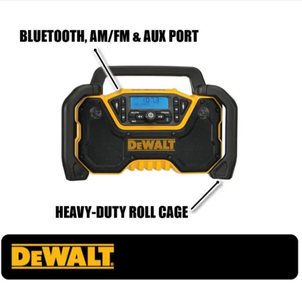 Dewalt 20-Volt MAX Compact Bluetooth Radio (Tool Only) The DEWALT DCR028B 12-Volt/20-Volt MAX Jobsite Bluetooth Radio provides premium sound in the toughest work environments. Its durable roll-cage design withstands drops and impacts, while innovative handle stores and protects radio antenna when not in use. Quad speakers kick out true stereo sound with deep bass. Stream music via Bluetooth from up to 100 ft. or connect through the built-in auxiliary port. AM/FM radio includes 6 customizable presets per band. A convenient USB port charges your mobile devices. DCR028B includes detachable AC power cord or power with DEWALT 12-Volt MAX, 20-Volt MAX or FLEXVOLT batteries (sold separately). Jobsite Bluetooth Radio includes 3-year limited warranty. Dual 3.5 in. woofers and 1 in. tweeters for stereo sound Heavy-duty roll cage with antenna slot for jobsite durability and protection Bluetooth connectivity up to 100 ft. away for music streaming AM/FM radio with 6 presets to customize to your favorite stations USB power port for device charging 3.5 mm auxiliary port to connect external devices Bass reflex port for enhanced low-frequency performance