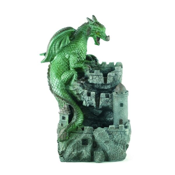 Enchanted Garden 20.2 inches Tiered Dragon Outdoor Water Fountain This Dragon Outdoor Water Fountain features a mischievous dragon protecting a castle, fit for a fairytale or fantasy legend. The fountain is made from durable polyresin and features LED lights that are sure to add a playful touch to your garden or patio. This fountain is easy to install with the included pump and adds charm to spaces both indoors and out. Material  Resin Number of Tiers  3 Flow Rate 60.8 gallon per hour Capacity  0.528 gallon (US) ncludes  Fountain Base, Pump, Assembly Instructions Dimensions  22.40 H x 15.90 W x 11.80 D Weight 10lbs