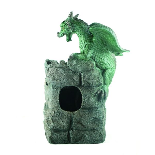 Enchanted Garden 20.2 inches Tiered Dragon Outdoor Water Fountain This Dragon Outdoor Water Fountain features a mischievous dragon protecting a castle, fit for a fairytale or fantasy legend. The fountain is made from durable polyresin and features LED lights that are sure to add a playful touch to your garden or patio. This fountain is easy to install with the included pump and adds charm to spaces both indoors and out. Material Resin Number of Tiers 3 Flow Rate 60.8 gallon per hour Capacity 0.528 gallon (US) ncludes Fountain Base, Pump, Assembly Instructions Dimensions 22.40 H x 15.90 W x 11.80 D Weight 10lbs