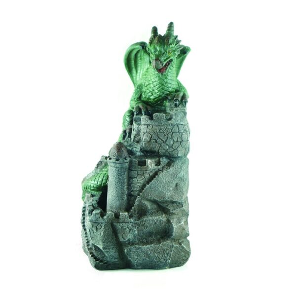 Enchanted Garden 20.2 inches Tiered Dragon Outdoor Water Fountain This Dragon Outdoor Water Fountain features a mischievous dragon protecting a castle, fit for a fairytale or fantasy legend. The fountain is made from durable polyresin and features LED lights that are sure to add a playful touch to your garden or patio. This fountain is easy to install with the included pump and adds charm to spaces both indoors and out. Material Resin Number of Tiers 3 Flow Rate 60.8 gallon per hour Capacity 0.528 gallon (US) ncludes Fountain Base, Pump, Assembly Instructions Dimensions 22.40 H x 15.90 W x 11.80 D Weight 10lbs