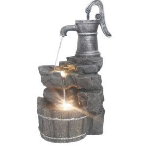 Enchanted Garden 20.75 inches Tiered Water Pump Outdoor Water Fountain Add a touch of nature to your outdoor space with this beautiful pump water fountain. Made of durable polyresin and featuring LED lights, this calming water feature will add flair and charm to your deck, patio, or backyard. Material  Resin Number of Tiers  2 Flow Rate  66 gallon per hour Capacity  0.68 gallon (US) Includes  Pump 6' wire, 2 warm LED lights Dimensions  20.75 in H x 9.05 in W x 12.2 in D Weight  9.0 lbs Pump and lights included For outdoor use Polyresin construction Cascading water flow Adjustable flow rate