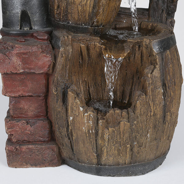 Outdoor Water Fountain 28" Tiered Water Pump Outdoor Water Fountain Enchanted Garden™ This model has a lifelike version of a water pump giving the effect that water is being pumped from the ground and into the simulated wooden bucket. Water cascades down from this smaller bucket into another bucket below it. This creates a tranquil smoothing sound for the immediate area. The attached broken wheel makes this item very rustic and will enhance any area of the yard. This item is made of fiberglass reinforced cement material. This item is made for outdoor use. Material Composite Flow Rate 282 gallon per hour Number of Tiers 3 Includes UL listed pump included Color/Finish Simulated dark wood with gray metal finish Dimensions 28.1 in H x 16.9 in W x 16.9 in D Weight 26lbs Circulating water Quiet operation and easy to assemble Made of fiberglass reinforced cement UL listed pump included