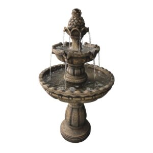 36.8 inches Tiered Outdoor Water Fountain Enchanted Garden™ This classic tiered fountain is a welcome additon to any backyard garden Or courtyard with its old world design, complete with a pinapple topper. The fountain is constructed of durable polyresin And beautifully mimics the appearance of chiseled columns for a realistic looking piece of outdoor decor that will withstand the elements. Material  Resin Number of Tiers  2 Flow Rate  171.5 gallon per hour Capacity  3.2 gallon (US) Dimensions  36.8 in H x 20.5 in W x 20.5 in D Weight 28 pounds Constructed of polyresin 2 cascading tiers create a soothing atmosphere Minimal assembly required and easy to maintain