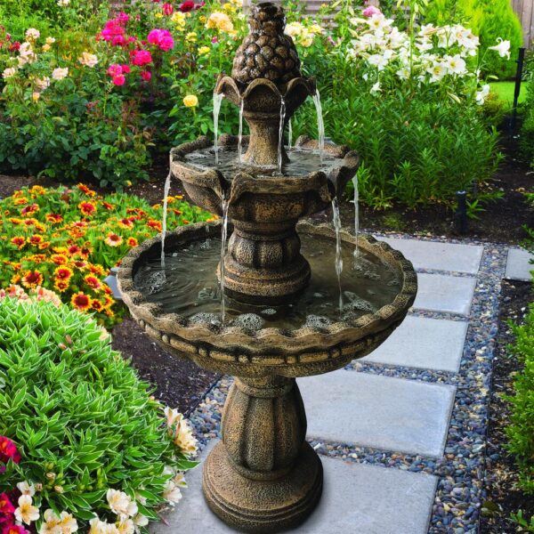36.8 inches Tiered Outdoor Water Fountain Enchanted Garden™ This classic tiered fountain is a welcome additon to any backyard garden Or courtyard with its old world design, complete with a pinapple topper. The fountain is constructed of durable polyresin And beautifully mimics the appearance of chiseled columns for a realistic looking piece of outdoor decor that will withstand the elements. Material Resin Number of Tiers 2 Flow Rate 171.5 gallon per hour Capacity 3.2 gallon (US) Dimensions 36.8 in H x 20.5 in W x 20.5 in D Weight 28 pounds Constructed of polyresin 2 cascading tiers create a soothing atmosphere Minimal assembly required and easy to maintain