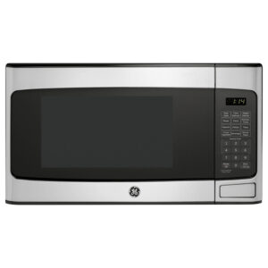 GE 1.1 Cu. Ft. Capacity Countertop Microwave Oven This GE Appliances Countertop Microwave Oven has a 1.1 cu ft. capacity with 950 watts of output power, making it ideal for your household cooking tasks. GE Appliances, such as this countertop microwave oven provide up-to-date technology and exceptional quality to simplify the way you live. With a timeless appearance, it's ideal for your family. Coming from one of the most trusted names in America, you know that it's as advanced as it is practical. SPACE-SAVING EXTERIOR, SPACIOUS INTERIOR - 950 watts of power and 1.1 cu. ft. inside allow for effective, efficient cooking while not taking up valuable kitchen space; glass turntable rotates throughout cycles for optimum cooking CONVENIENT CONTROLS - Simple, one-touch operation with convenience cooking controls; kitchen timer, child lock controls and cooking complete alarms add convenience WEIGHT & TIME DEFROST - Simply enter the weight of the food, and the oven automatically sets the optimal defrosting time and power level or set your desired time for defrosting EASY SETUP - Freestanding microwave fits easily on a countertop or open shelf, with 39" power cord SOLID, SLEEK DESIGN - Clean lines, electronic keypad and stainless steel with black glass construction provide elevated design Dimensions: 12" H x 20 5/16" W x 15 5/8" D