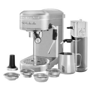 KitchenAid Metal Semi-Automatic Espresso Machine and Automatic Milk Frother Attachment Bundle Optimal Temperature for Authentic Tasting Espresso. Maintains Optimal Heat through Extraction. Prepare 1 or 2 Espresso Shots Frother Attaches to the KitchenAid Semi-Automatic Espresso Machine Steamed to the Ideal Temperature