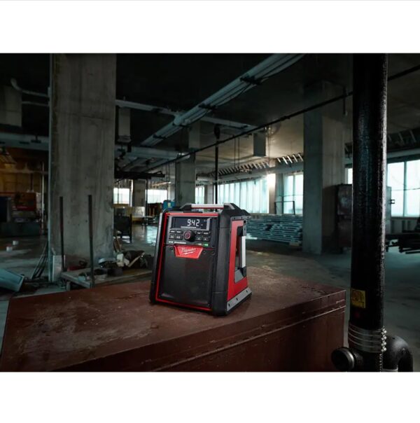 Milwaukee M18 Lithium-Ion Cordless Jobsite Radio Charger The Milwaukee M18 Jobsite Radio/Charger is the first charging radio to bring the power of Bluetooth to the jobsite, While delivering the industry's best reception and sound. The most advanced radio of its kind, the M18 Jobsite Radio/Charger features a Bluetooth receiver so you can stream rich, full sound wirelessly from over 100 ft. away. Its unique battery charger allows you to charge any M18 battery without sacrificing reception or sound quality. For added versatility, a high-power USB port allows you to charge most portable electronic devices over 50% faster than any competitor. The M18 Radio/Charger's lightweight, high-strength design includes a reinforced roll cage for protection from weather and abusive jobsite conditions. The radio/charger also offers the industry's largest on-board, weather-sealed storage compartment to protect your small belongings and smart phones. A 16 in. auxiliary input cord and 2 AAA batteries are included. Includes 2792-20 M18 job site radio/charger, 16 in. auxiliary input cord and 2 AAA batteries Compatible with all M18 batteries Exclusive digital Bluetooth receiver: streams audio wirelessly from over 100 ft. away USB power port: 50% faster device charging, plugged in or on the go Premium speakers and 40-Watt amplifier: produce a rich, full sound Customizable equalizer and 10-station preset: delivers personalized, enhanced sound Reinforced roll cage and metal handles: protects against abusive jobsite conditions Weather sealed compartment: offers on-board protection for small belongings and a smart phone On-board bottle opener: for convenience on and off the jobsite Modes: FM/AM, AUX, Bluetooth