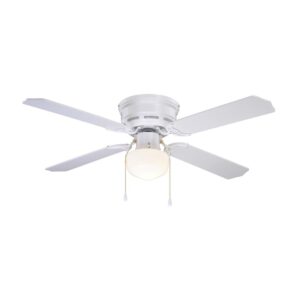 Patriot Lighting Eros II 42 inches White Indoor LEDCeiling Fan The Patriot Lighting classic schoolhouse Eros II 42-inch LED ceiling fan features a white finish with traditional styles. This ceiling fan is affixed with a schoolhouse globe, and includes an energy-saving LED bulb, allowing you to illuminate your space efficiently. The reversible, whisper-quiet three-speed motor provides upward and downward airflow for desired air circulation and year-round comfort. Airflow  2004 CFM WiFi Compatible  No Bulb Base  E26 Blade Finish  White/Washed Oak Bulb Shape  A-Line Bulbs Included  Yes Control Type  Pull Chain Includes Installation Instructions;, Light Bulbs;, Housing Cap;, Mounting Hardware;, Pull Chain Listing Agency Standards  ETL Listed Maximum Wattage per Socket  60 Mounting Type  Flush Mount Number of Speeds 3 Shade/Diffuser Color/Finish  Opal Features  Diammable LED Dimensions  16.25 in H x 9.00 in W x 6.75 in D Weight  8.36 pounds Includes pull chain that allows for light on/off and fan speed adjustments quickly and easily Flush mount style ceiling fan is ideal for low ceiling application Dimmable for adjustable light brightness (compatible dimmer required) Includes (1) 60-Watt-equivalent LED bulb using 6 watts, has a CRI of 80, a color temperature of 2913K (Warm White), and is 513 lumens Life expectancy of 15,000 hours