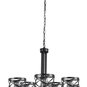 Phinny 5-Light Matte Black Chandelier Patriot Lighting The transitional style of the Phinny black chandelier with caged shades is both practical and stylish. The simple style of this lighting feature make this ideal for your home. Bulb Base  E26 Medium Bulb Shape Decorative Bulb Shape Code ST18 Fixture Color/Finish  Matte Black Listing Agency Standards  UL Listed Maximum Hanging Length  80 inch Maximum Wattage per Socket 60 watt Number of Bulbs Required 5 Bulbs Included  No Shade/Diffuser Color/Finish  Bronze Shade/Diffuser Material Metal Total Light Wattage  300 Dimensions  23 in H x 23.875 in W x 23.25 in D Weight  15.0 lbs Matte black finish is warm and masculine Caged metal shades are stylish and add a modern rustic finish to your décor Measures 23 H x 23-1/4 W x 23-1/4 D Includes 60" chain to easily customize the hanging height to your exact specifications UL listed for dry locations, this product has met minimum requirements of widely accepted safety standards Includes hardware and easy to follow instructions for fast and easy assembly