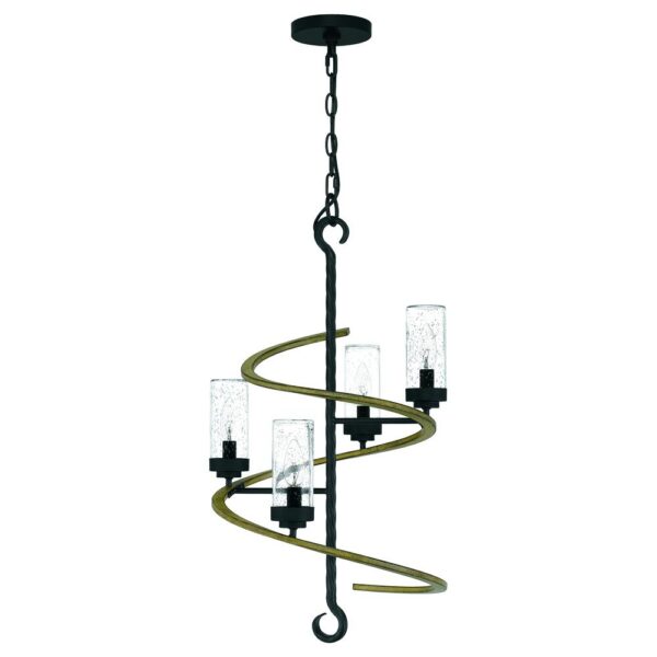 Cas Matte Black 4-Light Chandelier Patriot Lighting® The combination of matte black and wood finish adds modern and natural elements. Painted wood softens the frame's matte black finish adding a simple yet powerful style statement to any home. Tiered lights illuminate any space with elegance. Bulb Base E12 Candelabra Fixture Color/Finish Matte Black Metal and Faux Wood Listing Agency Standards ETL Listed Maximum Wattage per Socket 100 watt Shade/Diffuser Fitter Size 2.5 in. DIA x 6 in. H Voltage 120 volt Bulbs Included No Maximum Hanging Length 81 inch Number of Bulbs Required 4 Shade/Diffuser Color/Finish Clear Seeded Glass Shade/Diffuser Material Glass Dimensions 28 in H x 16 in W x 16 in D Weight 6.62 pounds Dimmable for adjustable light brightness (compatible dimmer required) Mounting hardware and assembly instructions included This hanging fixture uses a chain 4' chain included to ensure proper distance from the ceiling and set your preferred height This fixture can be installed on a standard and sloped ceiling mounting