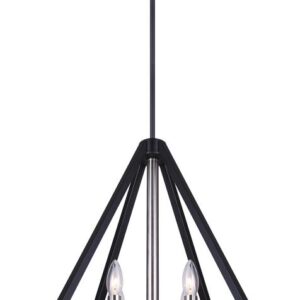 Dryden Matte Black & Brushed Nickel 4-Light Chandelier Patriot Lighting® Enhance the beauty of your home not only with your decor, but with your lighting. Dryden adds a modern touch with its geometric frame that hangs distinctly from an adjustable downrod, all in a stunning two-tone finish of matte black and brushed nickel. To soften the sharp edges of its shape, Dryden has added four candelabra-style lights inside for a distinct yet warm glow. Bulb Shape  Decorative Bulbs Included  No Fixture Color/Finish  Black; Brushed Nickel Listing Agency Standards  CSA-US Listed Maximum Hanging Length  72 inch Number of Bulbs Required  4 Maximum Wattage per Socket  60 watt Type of Hanging Device  Rod Total Light Wattage 240 Voltage  120 volt Dimensions  72 in H x 19-1/4 in W x 19-1/4 in D Weight  8.8 pounds Beautiful yet affordable lighting Contemporary teardrop style Includes (2) 6" and (3) 12" rods to ensure proper distance from the ceiling and set your preferred height Easy-to-follow assembly and instruction manual Includes (1) fixture, (2) 6" and (3) 12" downrods, (1) hardware kit