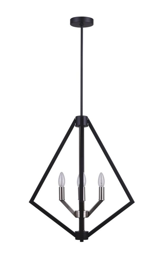 Dryden Matte Black & Brushed Nickel 4-Light Chandelier Patriot Lighting® Enhance the beauty of your home not only with your decor, but with your lighting. Dryden adds a modern touch with its geometric frame that hangs distinctly from an adjustable downrod, all in a stunning two-tone finish of matte black and brushed nickel. To soften the sharp edges of its shape, Dryden has added four candelabra-style lights inside for a distinct yet warm glow. Bulb Shape Decorative Bulbs Included No Fixture Color/Finish Black; Brushed Nickel Listing Agency Standards CSA-US Listed Maximum Hanging Length 72 inch Number of Bulbs Required 4 Maximum Wattage per Socket 60 watt Type of Hanging Device Rod Total Light Wattage 240 Voltage 120 volt Dimensions 72 in H x 19-1/4 in W x 19-1/4 in D Weight 8.8 pounds Beautiful yet affordable lighting Contemporary teardrop style Includes (2) 6" and (3) 12" rods to ensure proper distance from the ceiling and set your preferred height Easy-to-follow assembly and instruction manual Includes (1) fixture, (2) 6" and (3) 12" downrods, (1) hardware kit
