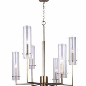 Gianessa Gold 6-Light Chandelier Patriot Lighting® Gianessa embodies everything you are looking for in a chandelier with its unique six-light design, beautiful gold finish, and cylindrical seeded glass shade on the end of each arm. Gianessa was designed to be the center of attention, making it the perfect addition to your front entryway for everyone to see the minute they walk through the door. Bulb Base  E12 Candelabra Fixture Color Family  Gold Bulb Shape Decorative Bulbs Included  No Fixture Color/Finish  Gold Listing Agency Standards  CSA-US Listed Number of Bulbs Required  6 Maximum Wattage per Socket  60 watt Shade/Diffuser Color/Finish  Seeded glass Shade/Diffuser Fitter Size  .236 " inch Shade/Diffuser Material  Glass Total Light Wattage  360 Voltage  120 volt Maximum Height 90.5 inch Dimensions  30.5 in H x 26 in W x 26 in D Beautiful yet affordable lighting Detailed seeded glass Enhance the candlelight look with vintage-style bulbs Easy-to-follow assembly and installation instructions included Includes (1) fixture, (6) glass globes, (1) hardware kit, and (1) 5" chain Includes 5' matching chain and 6' electrical cord
