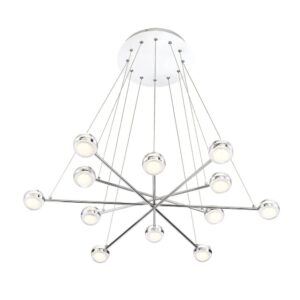 Lazio Chrome Integrated LED Chandelier Patriot Lighting® This chandelier acts as a beautiful and unique addition to your home. Bulb Base  None (Integrated LED) Fixture Color Family  Silver Maximum Hanging Length  99 inch. Number of Bulbs Required  None (uses Integrated LED) Shade/Diffuser Color/Finish  Clear Glass Shade/Diffuser Material  Clear Glass Total Light Wattage 72 Voltage  120 volt Fixture Color/Finish  Chrome Listing Agency Standards  ETL Listed Shade/Diffuser Fitter Size  35.5 in Weight  12.86 pounds Dimensions  99 in H x 35.5 in W x 35.5 in D Includes accessories: Mounting hardware and instruction manual for easy installation Dimmable for adjustable light brightness (compatible dimmer required) This LED light has a CRI of 80, a color temperature of 3000K, and is 5400 lumens which is equivalent to 360 watt incandescent Easy to install Life expectancy of 50,000 hours