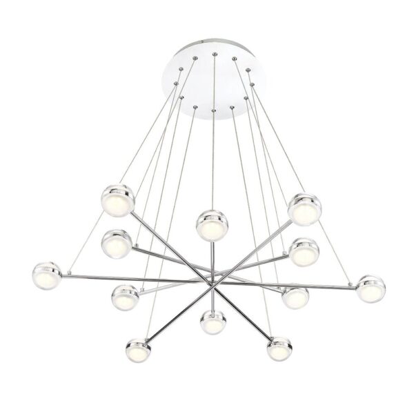 Lazio Chrome Integrated LED Chandelier Patriot Lighting® This chandelier acts as a beautiful and unique addition to your home. Bulb Base  None (Integrated LED) Fixture Color Family  Silver Maximum Hanging Length  99 inch. Number of Bulbs Required  None (uses Integrated LED) Shade/Diffuser Color/Finish  Clear Glass Shade/Diffuser Material  Clear Glass Total Light Wattage 72 Voltage  120 volt Fixture Color/Finish  Chrome Listing Agency Standards  ETL Listed Shade/Diffuser Fitter Size  35.5 in Weight  12.86 pounds Dimensions  99 in H x 35.5 in W x 35.5 in D Includes accessories: Mounting hardware and instruction manual for easy installation Dimmable for adjustable light brightness (compatible dimmer required) This LED light has a CRI of 80, a color temperature of 3000K, and is 5400 lumens which is equivalent to 360 watt incandescent Easy to install Life expectancy of 50,000 hours
