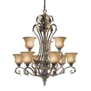 Patriot Lighting® Monaco 9-Light Peruvian Patina Chandelier The Patriot Lighting® Monaco nine-light chandelier is the epitome of taste and style. This chandelier can update the style of any room to create a truly unique look. The Peruvian patina finish and laurel glass combined with the natural elements was design to be a great addition to any décor. Bulb Base  E26 Medium Fixture Color/Finish  Peruvian Patina Listing Agency Standards  cETLus Maximum Wattage per Socket  100 watt Shade/Diffuser Color/Finish  Laurel Shade/Diffuser Material  Glass Total Light Wattage  900 Bulb Shape  A-Line Bulbs Included  No Maximum Hanging Length  148-1/2 inch Number of Bulbs Required  9 Shade/Diffuser Fitter Size  1-5/8 inch Weight  48.64 pound Dimensions  40-1/2 in H x 35-1/2 in W x 35-1/2 in D