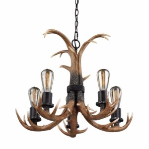 Patriot Lighting® Norwood 5-Light Black Walnut Chandelier The Norwood collection from Patriot Lighting® features faux deer antlers . This rustic design is fantastic for lodges, cabins, and nature inspired interior styles. This is part of a full collection with coordinating pieces to décorate any room in the house. Included accessories: mounting hardware, bulbs, and installation instruction Black walnut finish Rustic-chic look for a woodsy decorative style