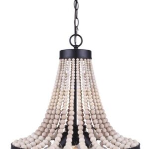 Ragnor 3-Light Matte Black Chandelier Patriot Lighting® The unique design of Patriot Lighting® Ragnor chandelier will turn heads when it is put on display in your home. Featuring authentic strands of wood beads, anchored by a matte black finish, each Ragnor chandelier will have it's own unique presence. Complete the nostalgic feel by adding vintage style bulbs. Bulb Base  E26 Bulb Shape  A-Line Bulbs Included  No Maximum Hanging Length  84 inch Maximum Wattage per Socket  100 watt Number of Bulbs Required  3 Total Light Wattage  300 Voltage  120 volt Dimensions  24 in H x 18 in W x 18 in D Weight  10.12 pounds Beautiful yet affordable lighting Rich matte black finish with draped bleached look wooden bead accents Vintage style bulbs will enhance the look (sold separately) Easy to follow assembly and installation instructions Includes (1) fixture (1) cuttable 5' matching chain (1) 6' cord (hardware kit)