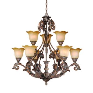 Patriot Lighting® Seville 9-Light Aged Bronze Chandelier Add mystery and appeal to your home with the Patriot Lighting® Seville nine-light chandelier. This fixture adds that certain sophistication and glamour that is timeless. The aged bronze finish and French champagne glass creates an immediately apparent elegance that is deserving of your home. It's perfect for any foyer, entryway, or living area, sogo ahead, make a statement! Bulb Base E26 Medium Fixture Color/Finish  Aged Bronze Listing Agency Standards  cULus Listed Maximum Wattage per Socket  100 watt Shade/Diffuser Color/Finish  French Champagne Shade/Diffuser Material  Glass Bulb Shape  A-Line Bulbs Included  No Maximum Hanging Length  142 inch Number of Bulbs Required  9 Shade/Diffuser Fitter Size  1-5/8 inch Total Light Wattage  900 Dimensions  34 in H x 33-1/4 in W x 33-1/4 in D Weight  33 pounds