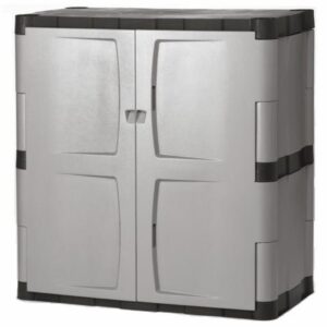 Rubbermaid 36 inches W x 37 inches H x 18 inches D Charcoal Base Storage Cabinet Add lockable storage to your garage, basement or workshop. The base cabinet has a unique, snap-together design that is quick and easy to assemble with no tools. It will not rust, dent, rot or peel and is strong and durable. It has 13.5 cubic feet of storage space perfect for storing valuables and hazardous chemicals. It is also padlock ready (padlock sold separately) to protect the items inside. Combine this base cabinet with other Rubbermaid® Garage organization products to create your own storage solution! Maximum Weight Capacity  330 pounds Snap together design allows for quick and easy assembly No tools required Perfect for use in your garage, basement or workshop Holds up to 330 lbs. Two fixed shelves (one bottom and one middle) can hold up to 60 pounds All-weather construction will not rust, dent, rot or peel Padlock ready doors for security