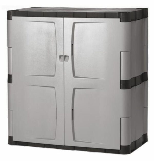 Rubbermaid 36 inches W x 37 inches H x 18 inches D Charcoal Base Storage Cabinet Add lockable storage to your garage, basement or workshop. The base cabinet has a unique, snap-together design that is quick and easy to assemble with no tools. It will not rust, dent, rot or peel and is strong and durable. It has 13.5 cubic feet of storage space perfect for storing valuables and hazardous chemicals. It is also padlock ready (padlock sold separately) to protect the items inside. Combine this base cabinet with other Rubbermaid® Garage organization products to create your own storage solution! Maximum Weight Capacity  330 pounds Snap together design allows for quick and easy assembly No tools required Perfect for use in your garage, basement or workshop Holds up to 330 lbs. Two fixed shelves (one bottom and one middle) can hold up to 60 pounds All-weather construction will not rust, dent, rot or peel Padlock ready doors for security