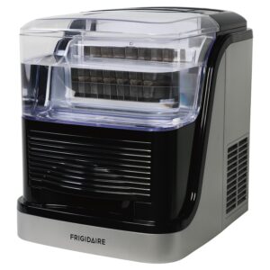 33-Pound Clear Square-Ice Compact Ice Maker Frigidaire The Frigidaire 33 Lb. Clear Square-Ice Compact Ice Maker makes beautiful crystal clear square, restaurant-style ice cubes! This freestanding counter top ice maker makes 33 lbs. of ice per day. Never run to the store for a bag of ice again. This model fits in effortlessly with your room decor. It features a large see-through window lid and durable VCM black and silver trim exterior. This chic model comes with a white ice scoop while the electronic LED controls make it easy to program. The convenient, compact design is ideal for use in small kitchens and other compact spaces like RVs, boats, dorm rooms, and more. This portable ice maker requires no installation; just plug it in, add water, and in less than 15 minutes you can enjoy fresh ice. Product Dimensions (L x W x H, Weight): 11.37 x 14.05 x 13.85 in., 20 lbs. Clear, square-shaped ice cubes Produces up to 33 lbs. of ice a day Square clear ice in 2 sizes Removable water tank Removable ice storage drawer Ice-full indicator Water-short indicator Large, clear window Voltage: 220 volts to 240 volts/50 Hz or 120 volts/60 Hz Water tank capacity: 2.5 liters Ice basket capacity: 2 liters Refrigerant: R134a or R600a Noise level: less than or equal to 60 dB Dimensions:1 4.05 in. x11.37 in. x 13.85 in. Includes ice scoop Black and Clear