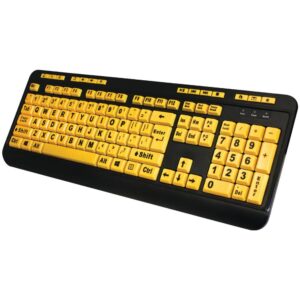 Adesso EasyTouch™ 132 Luminous Large-Print Desktop Keyboard 4x-size black print on fluorescent yellow keys provides excellent contrast & stronger appeal over traditional keyboards that have small, hard-to-read white letters on black keys 1-touch hotkeys for controlling media player & browsing Internet Membrane key switches provide better tactile response & quieter typing experience & last up to 5 million keystrokes