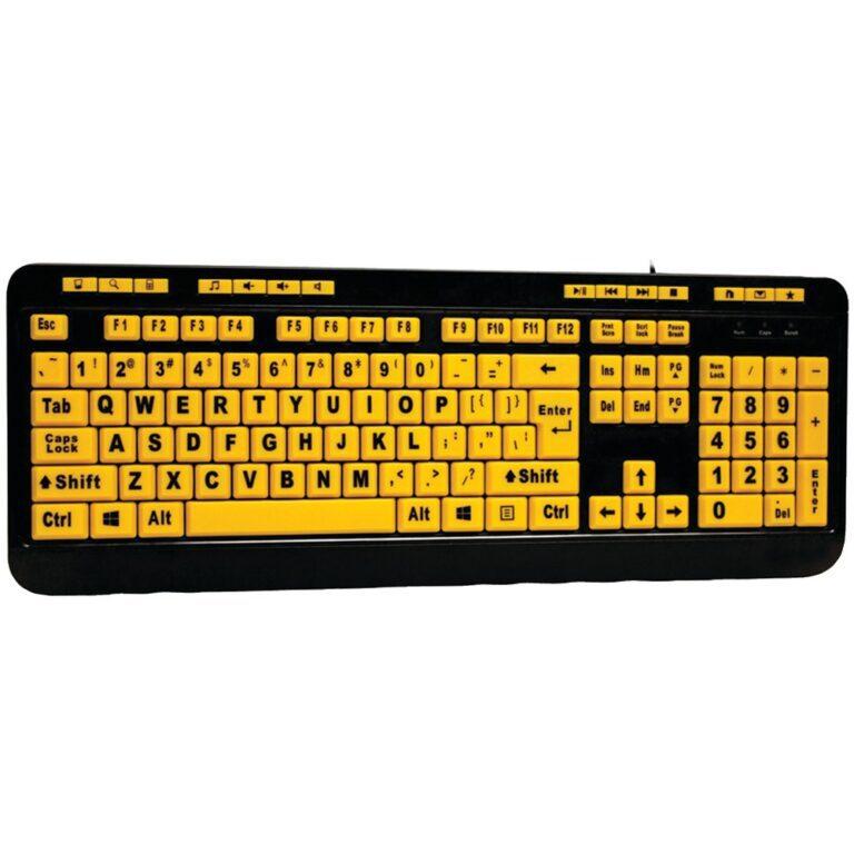 Adesso EasyTouch™ 132 Luminous Large-Print Desktop Keyboard 4x-size black print on fluorescent yellow keys provides excellent contrast & stronger appeal over traditional keyboards that have small, hard-to-read white letters on black keys 1-touch hotkeys for controlling media player & browsing Internet Membrane key switches provide better tactile response & quieter typing experience & last up to 5 million keystrokes