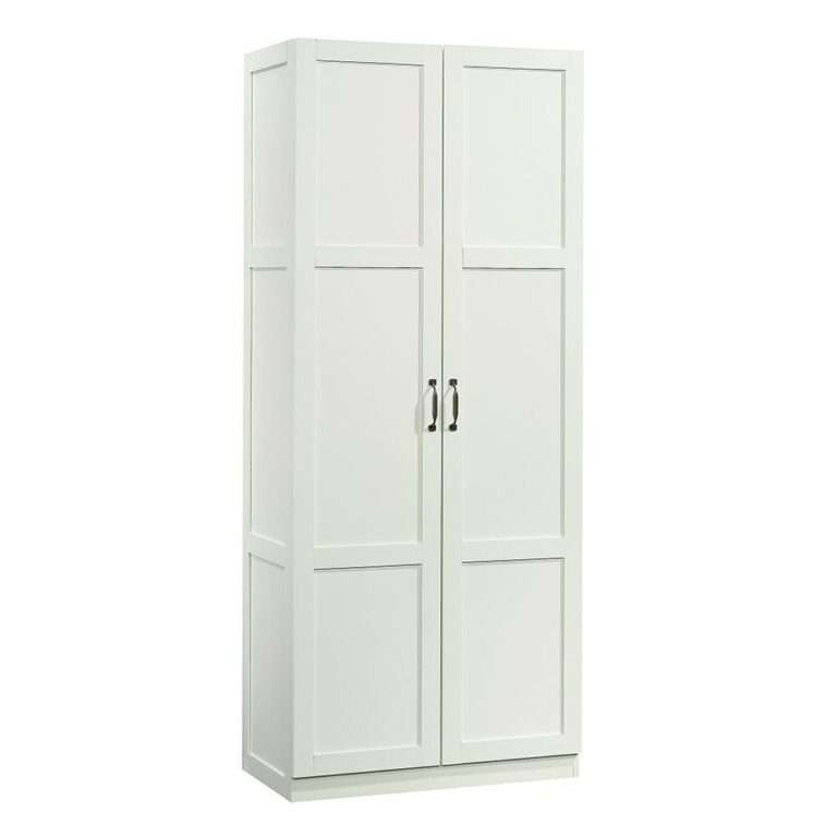 Designer's Image White 71 inches Storage Cabinet Need some extra storage in your life? This storage cabinet features four adjustable shelves and a full-width upper shelf providing ample room to stash clothes, blankets, pantry items, and more. Finished in white and detailed with frame and panel doors and sides, this tall cabinet is ideal for the bedroom, playroom, home office, or anywhere you need a storage solution.