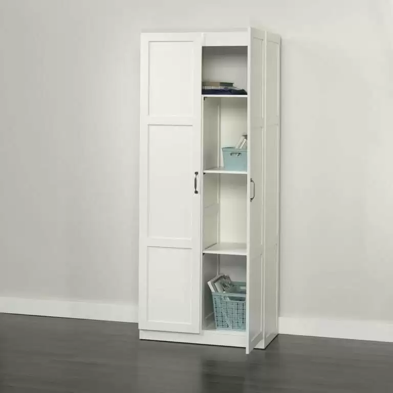 Designer's Image White 71 inches Storage Cabinet Need some extra storage in your life? This storage cabinet features four adjustable shelves and a full-width upper shelf providing ample room to stash clothes, blankets, pantry items, and more. Finished in white and detailed with frame and panel doors and sides, this tall cabinet is ideal for the bedroom, playroom, home office, or anywhere you need a storage solution.