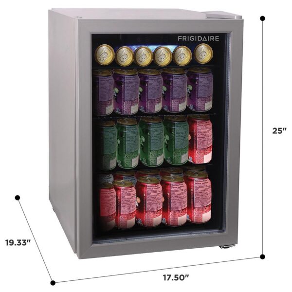 Frigidaire 2.6-Cubic-Foot 88-Can Glass Door Beverage Center Compact Refrigerator 2.6 cu. ft. capacity offers plenty of space to hold up to 88,12 oz. cans or 25 bottles of wine Tinted, double-pane glass door Freestanding design allows for many placement options Precision digital temperature control allows for ideal temperatures for white wine, red wine, or other beverages Reliable compressor cooling for a temperature range of 40°F to 61°F Blue LED interior lighting 3 adjustable, slide-out, easy-to-clean shelves-1 glass and 2 wire Adjustable leveling legs Dimensions: 17.51 in. W x 19.29 in. D x 27.16 in. H