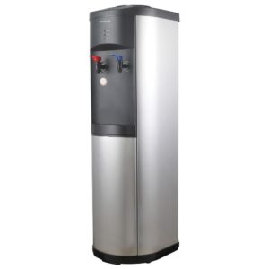 Frigidaire Water Cooler Dispenser for 3- and 5-Gallon Water Bottles Designed for use with 3 and 5 gal. water bottles (sold separately) Hot-and-cold water dispenser is made of sturdy stainless steel with stainless steel body and water tank Compressor-cooled so there is always cold water Child-resistant hot water safety feature Double safety device for preventing overheating Power, cooling, and heating indicator lights Push-button controls Removable drip tray Sets up in minutes, no plumbing required Stainless Steel and Black