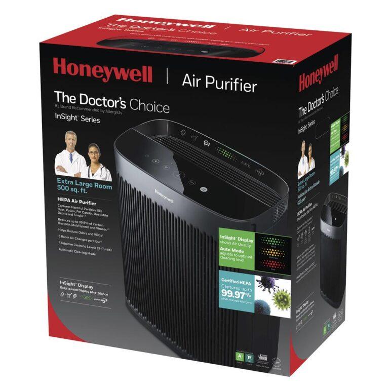 Honeywell Insight™ HEPA Air Purifier - 500 sq. ft. HEPA filtration helps capture up to 99.97% of the following microscopic airborne allergens and particles: dust, pollen, pet dander, dust mite debris and smoke from the air that passes through the filter, 0.3 microns and larger. Activated carbon pre-filter helps capture large airborne particles and reduces odors and VOCs Includes 4 Cleaning Levels: Microscopic Particles, General Clean, Pollen and Turbo Intelligent Air Quality Sensor continuously displays and monitors air quality. Includes InSight™ Display at-a-Glance which illuminates to show the 4 cleaning levels, air quality indicator and Auto Mode setting Use only Certified Honeywell HEPA replacement Filters and Genuine Honeywell Pre-Filters for best results Accepts New Optional Honeywell Enhanced Odor & VOC filters to help tackle specific household odors & VOCs from pets, kitchens, smoke or home renovation (sold separately) This product earned the ENERGY STAR label by meeting strict energy efficient guidelines set by the U.S. EPA. Room air cleaners have demonstrated the potential for improving air quality and providing health benefits. EPA does not endorse manufacturer claims regarding the degree to which a specific product will produce healthier indoor air Auto-Off timer option at 2, 4, or 8 hours Independently tested and AHAM Verifide to circulate and filter room air up to 4.8x per hour in a 500 sq. ft room Based on 3rd party independent CADR testing for the smoke CADR value when operated at the highest level. Air circulation depends on many factors, such as room size and configuration. There is no guarantee that all of the air in a room will pass through the filter