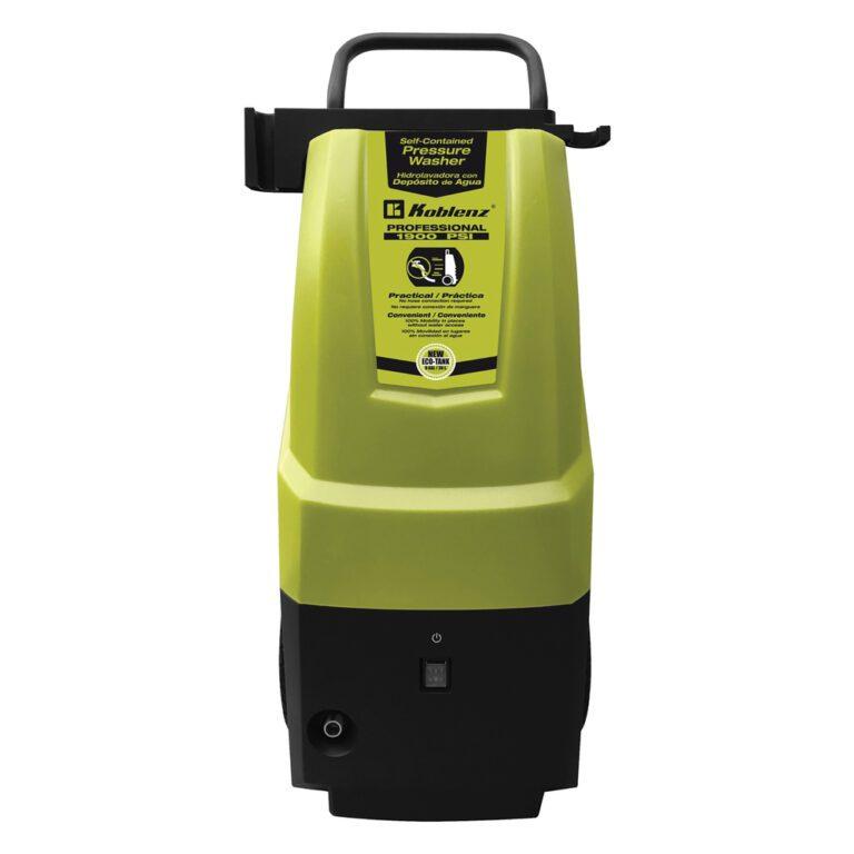 Koblenz 1,900 PSI Self-Contained Pressure Washer Powerful 1,900psi engine Does not require water hose connection 7.92gal water tank Washes a full-size SUV Auto shutoff system Water flows at 1.19L/min Max water temperature: 104°F 16.4ft high-pressure hose 35ft line cord Detergent tank Wheels offer easy transport Accessory holder & ergonomic handle 1-year warranty Includes water gun, wand with adjustable nozzle & solution dispenser